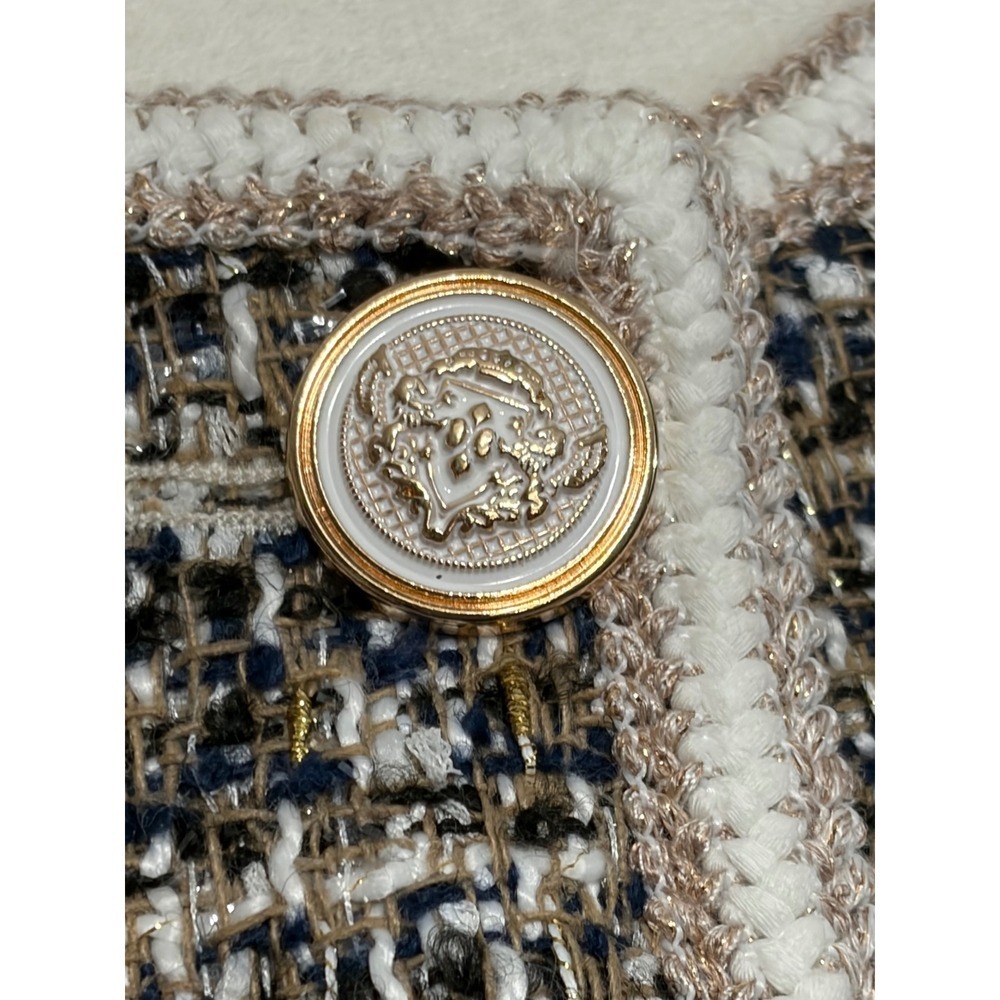 Elie Tahari Tweed Jacket Braided Trim Gold Crest Buttons Blazer L - Picture 13 of 15